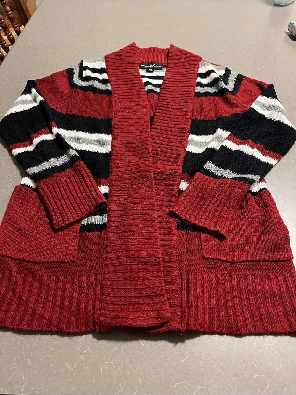 INC International Concepts Red Striped Open Cardigan with Pockets- Ladies